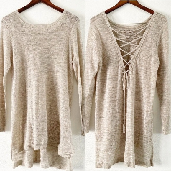 Knox Rose Sweaters - Lace Up Back Pull Over Knit Sweater Beige Lightweight Size XL Cotton Blend
